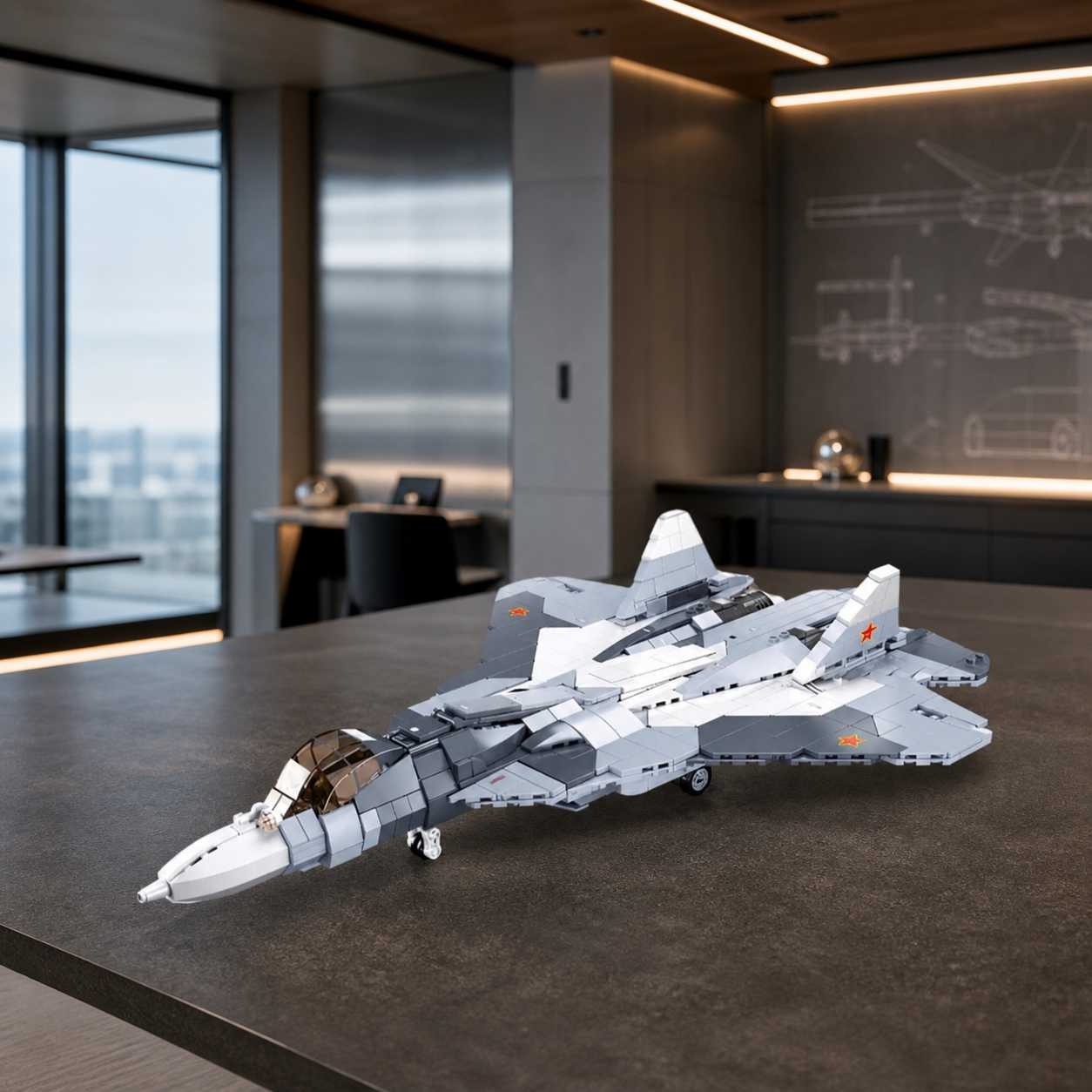 SU-57 construction-block model in a modern aerospace-design interior