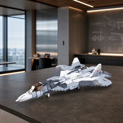 SU-57 construction-block model in a modern aerospace-design interior
