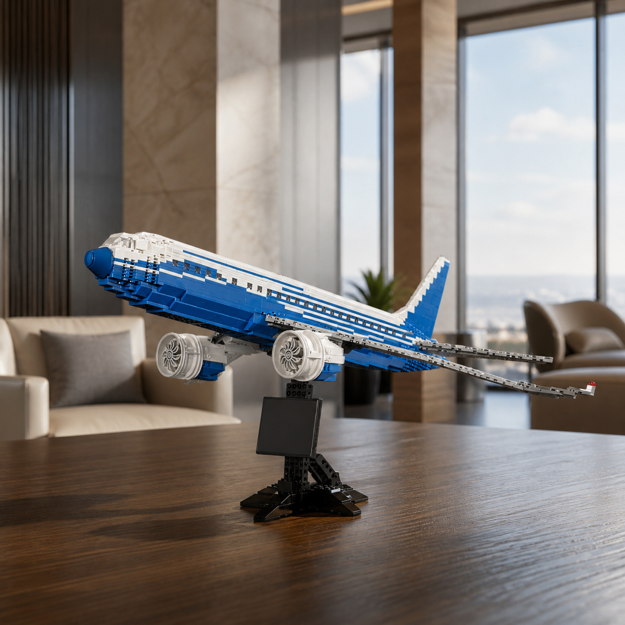 Boeing 787 Dreamliner-Bausteinmodell in einer modernen Luftfahrtlounge