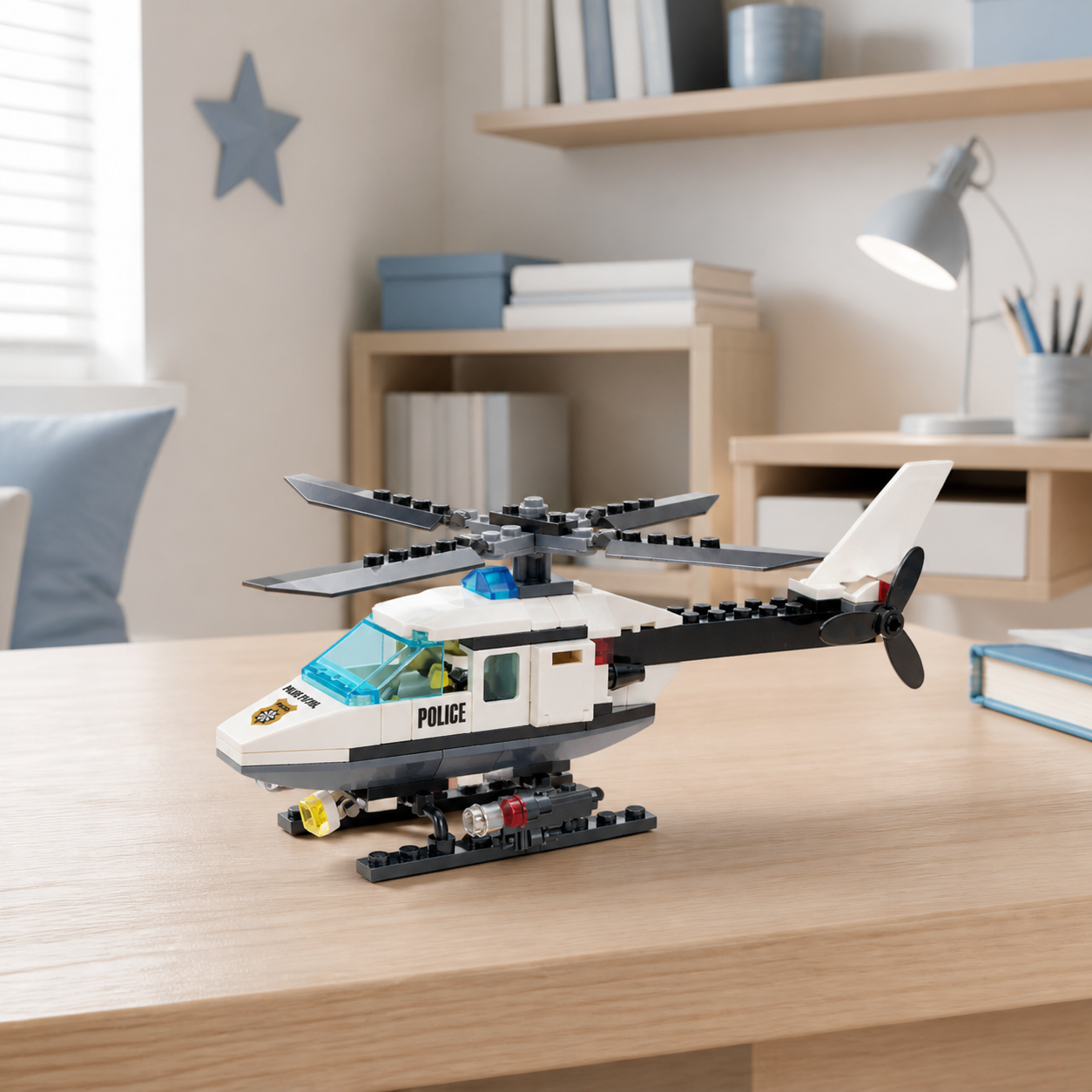 Police Helicopter (102 Pcs) - interior hero 01 - Police Helicopter brick model in a bright modern children's room