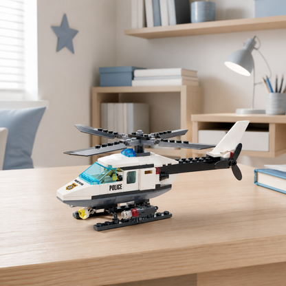 Police Helicopter (102 Pcs) - interior hero 01 - Police Helicopter brick model in a bright modern children's room