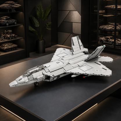 Bausteinmodell eines F-22-Kampfjets in einem dunklen Sammlerraum