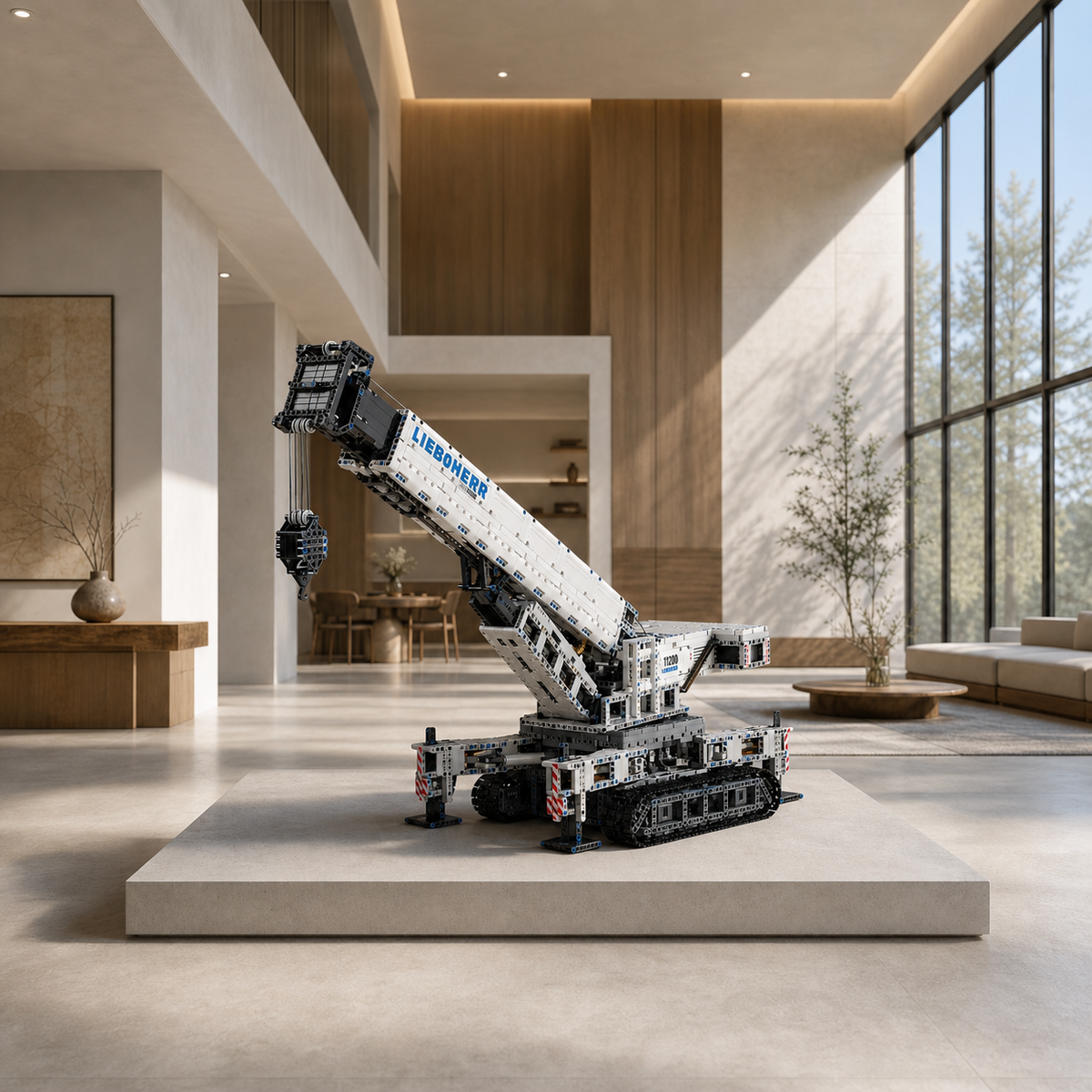 Detailed LEGO model of a Liebherr mobile crane displayed on a pedestal in a modern interior.