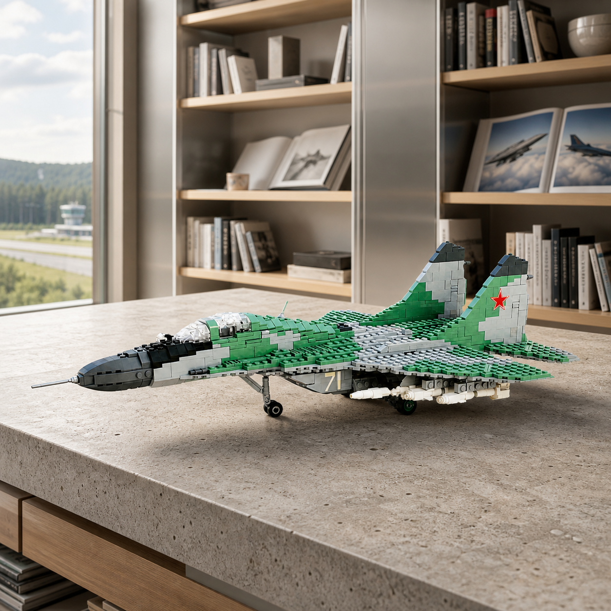 MIG-29-Bausteinmodell in einer modernen Luftfahrtbibliothek