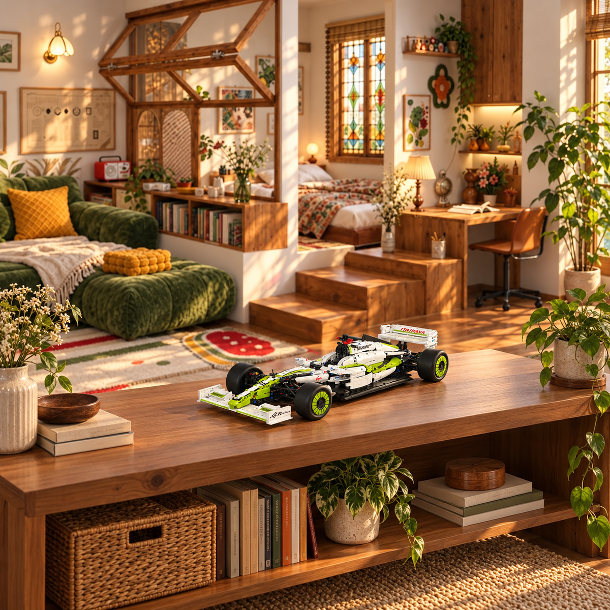 Green and white brick-built racing car displayed on a wooden console in a welcoming living room
