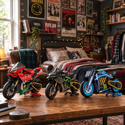 Superbike V4, Hyperbike Ninja H2R and Cruiser Diavel models in a music-themed room