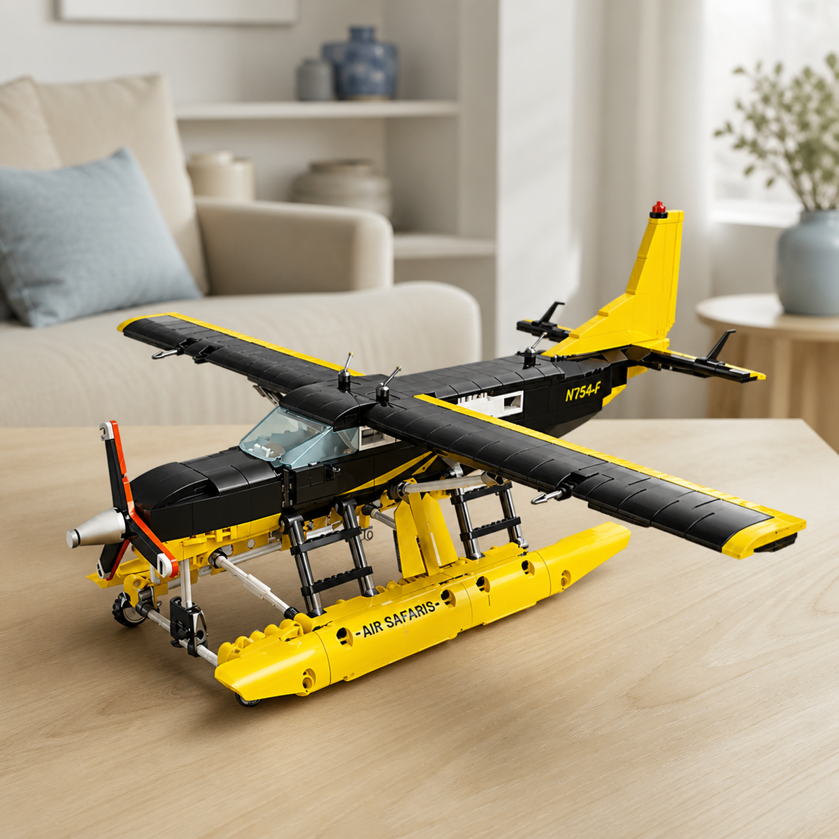 BF-445 Innenraum 02 - Wasserflugzeug-Baumodell in einem minimalistischen Wohnzimmer im Küstenstil