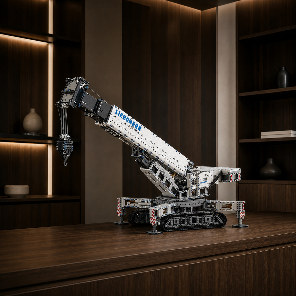 Detailed LEGO model of a white and blue Liebherr mobile crane on a dark wooden surface.