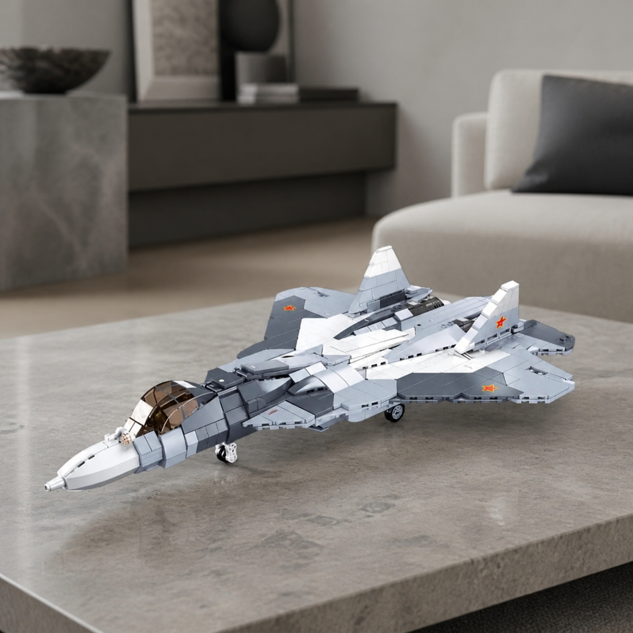 SU-57 construction-block model in a cool neutral living room