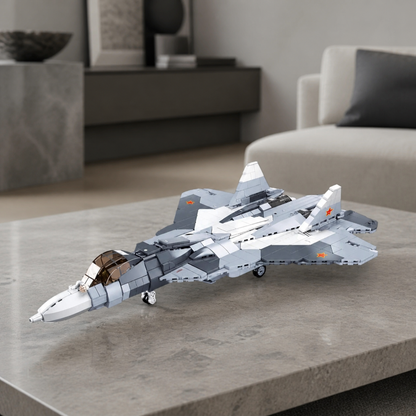 SU-57 construction-block model in a cool neutral living room