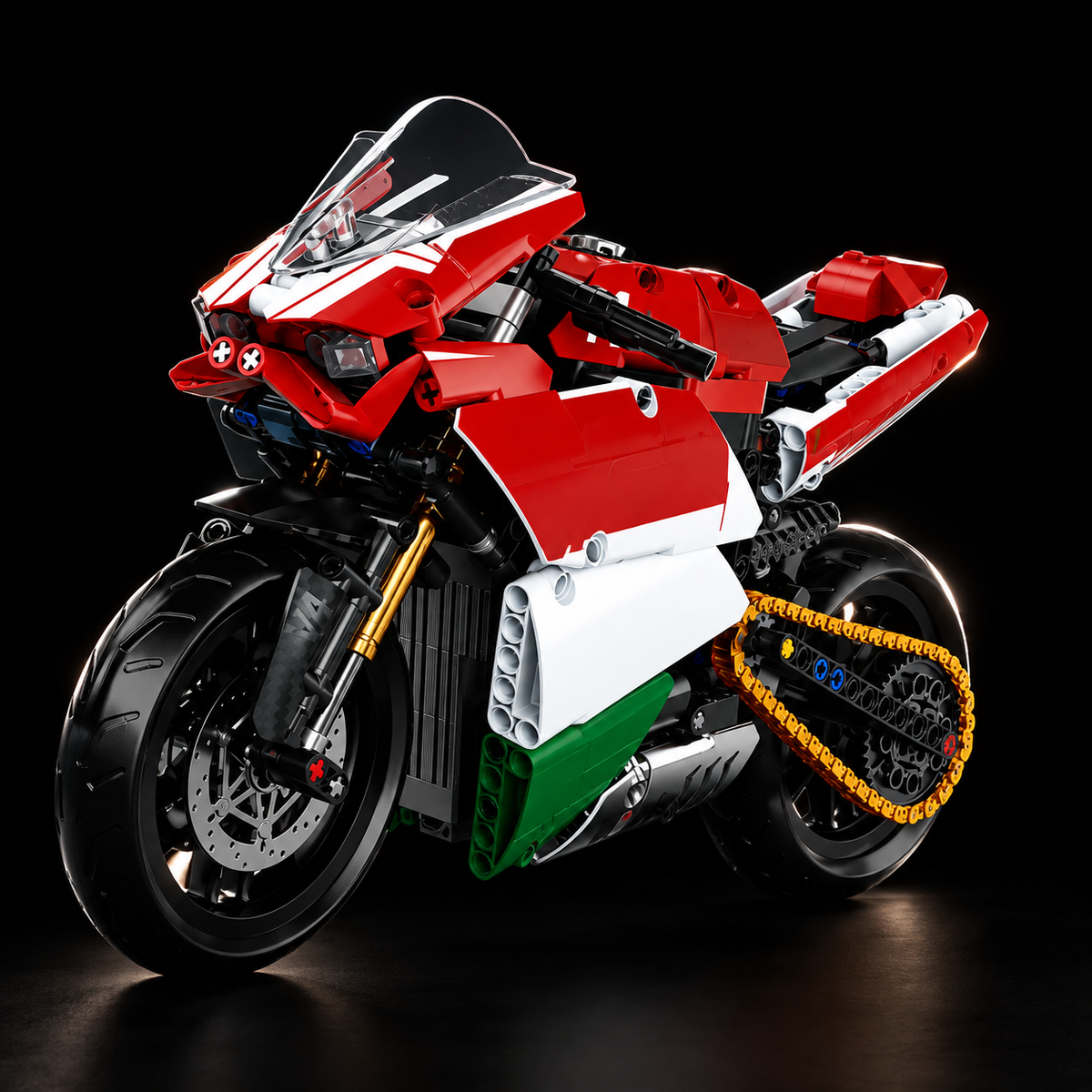 Superbike V4 brick-built motorcycle against a black background, studio view 1