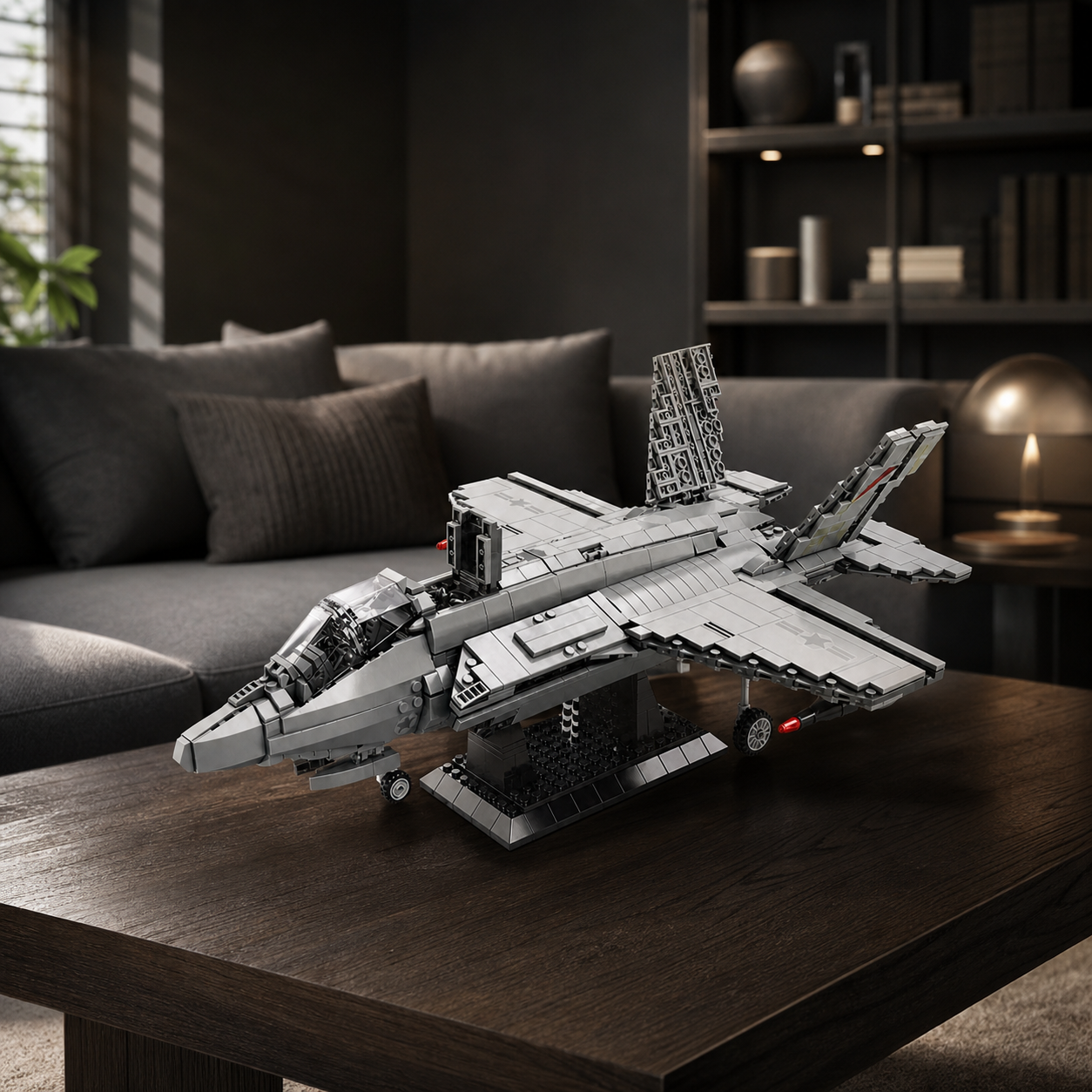 F-35 Fighter Jet construction-block model in a graphite minimalist living room