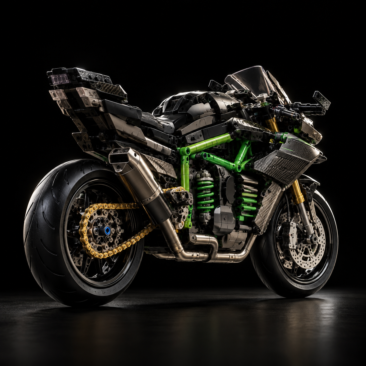 Hyperbike Ninja H2R brick-built motorcycle against a black background, studio view 1