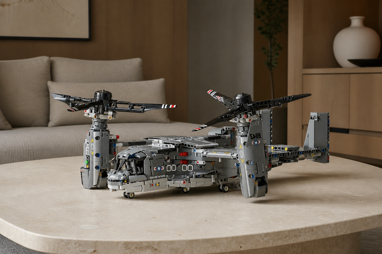 V-22 construction-block model in a minimalist living room