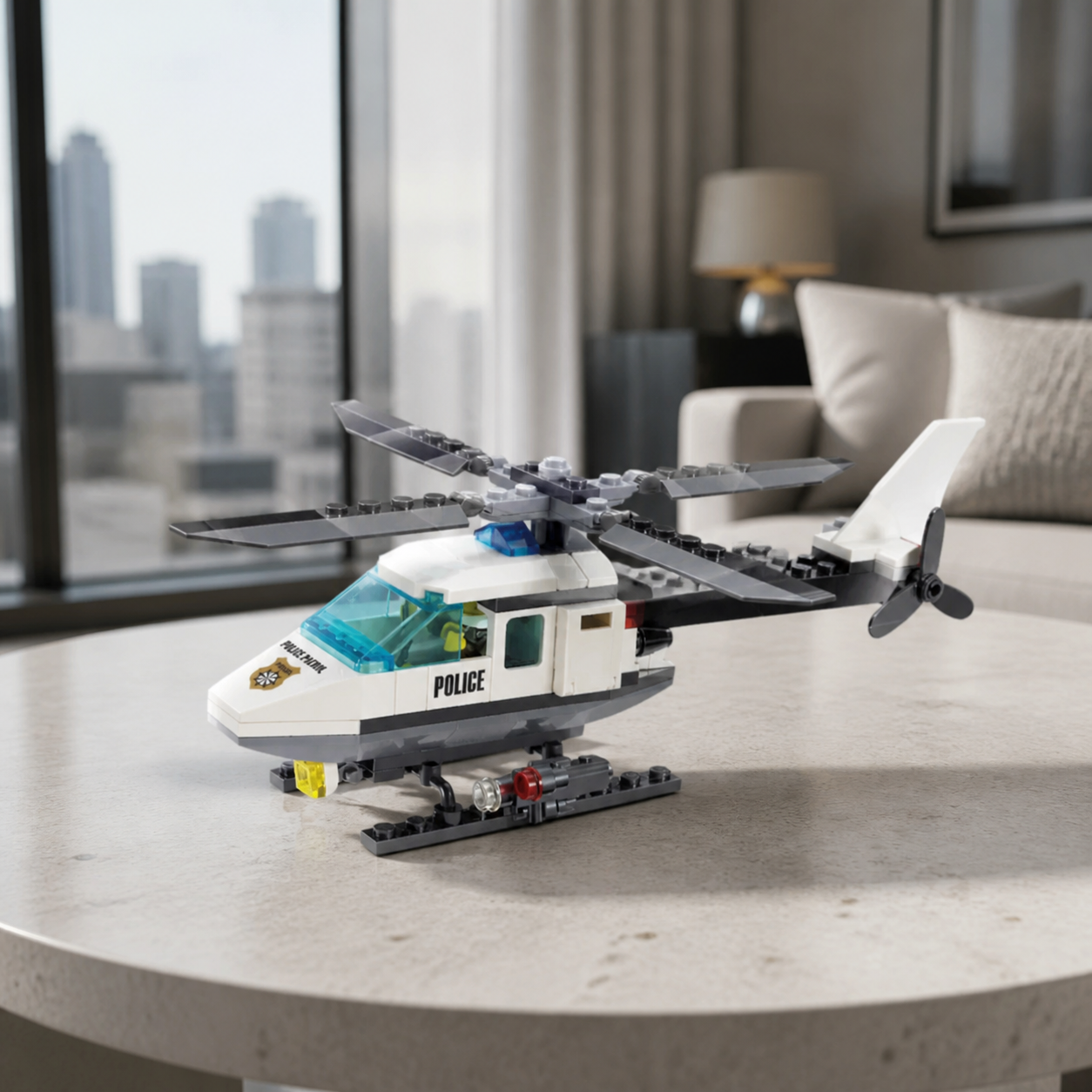 Police Helicopter (102 Pcs) - interior hero 02 - Police Helicopter brick model in a modern urban apartment