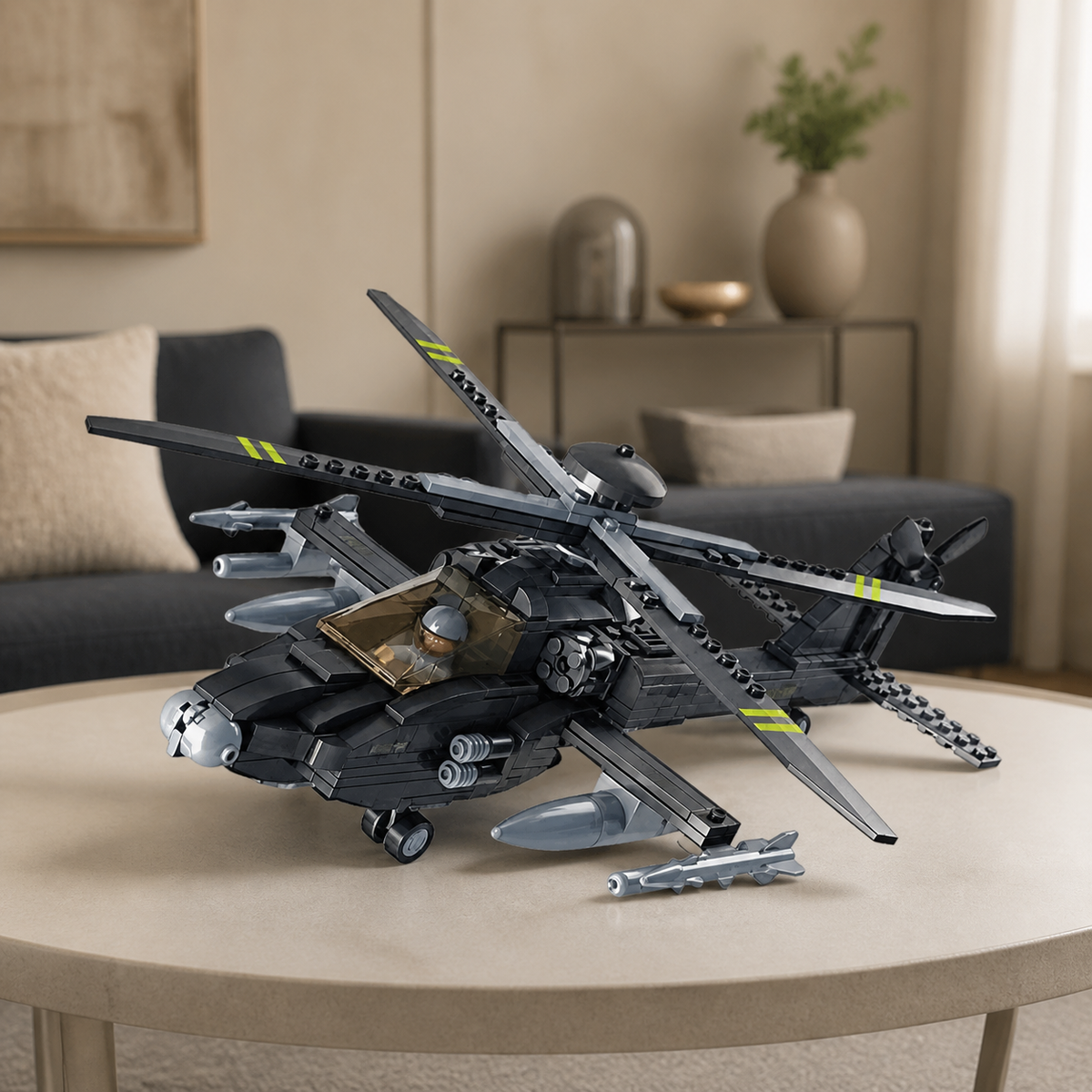 Elicopter Boeing AH-64 Apache (293 piese) - nou interior principal 02 - model de elicopter Boeing AH-64 Apache construit din pecișe de montat într-un living minimalist în tonuri de nisip
