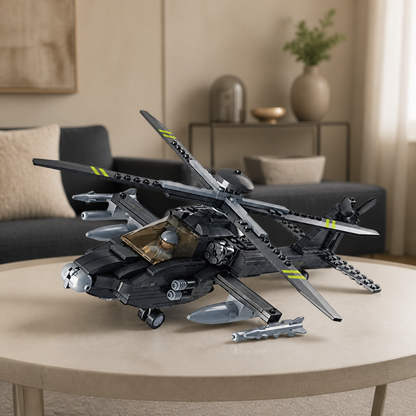 Elicopter Boeing AH-64 Apache (293 piese) - nou interior principal 02 - model de elicopter Boeing AH-64 Apache construit din pecișe de montat într-un living minimalist în tonuri de nisip