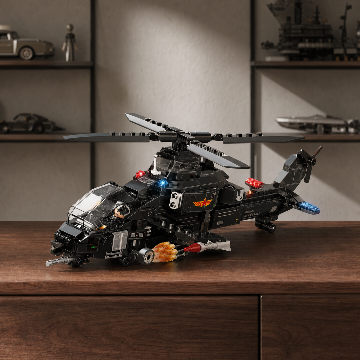SWAT Helicopter (423 Pcs) - interior hero 02 - SWAT Helicopter brick model in a walnut collector room