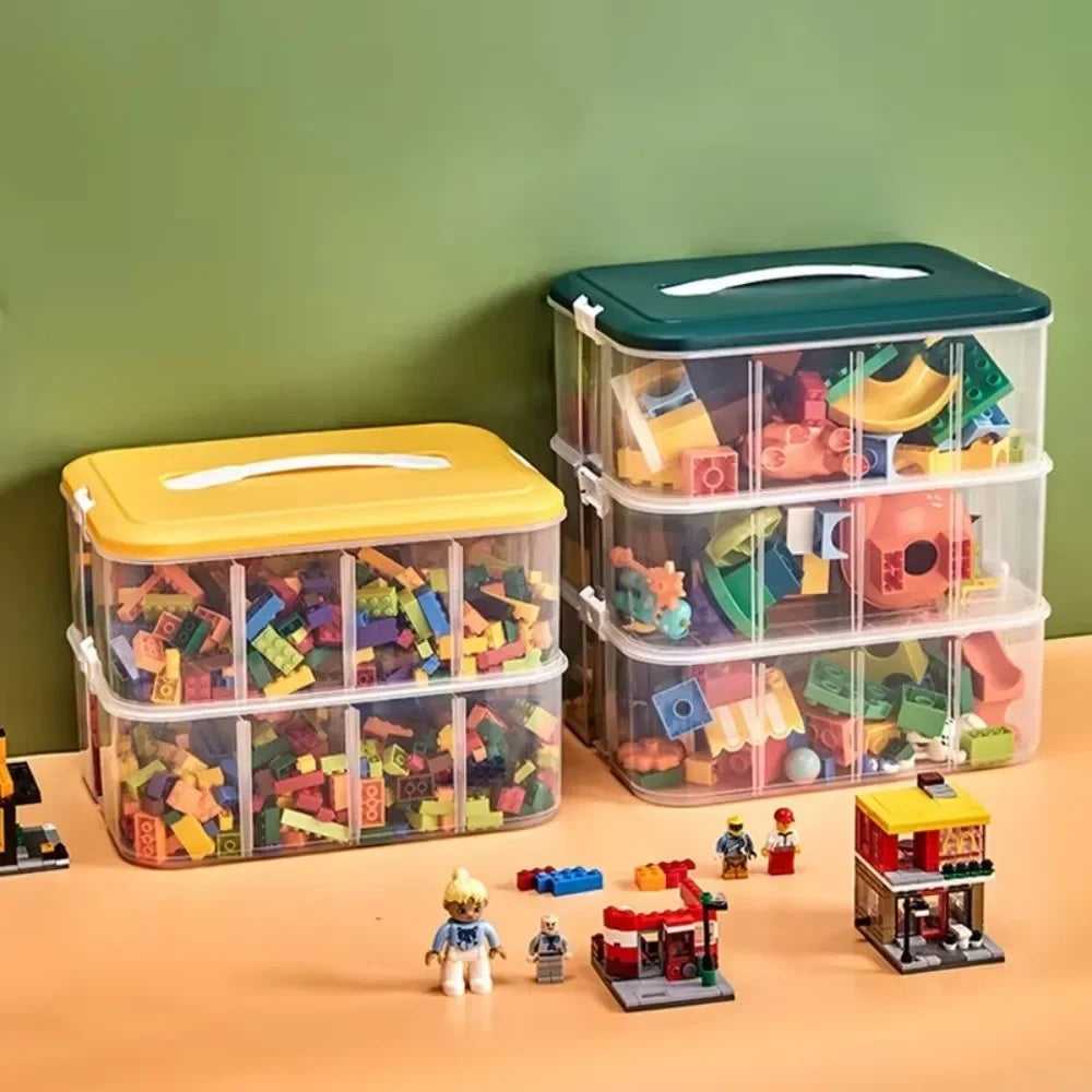 Storage box positioned on builder workbench with minifigures and bricks