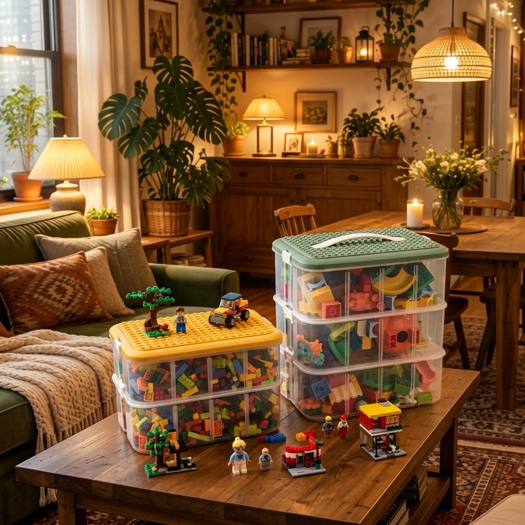 Building blocks storage box on wooden living room coffee table with warm ambient glow