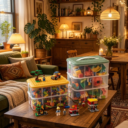 Building blocks storage box on wooden living room coffee table with warm ambient glow