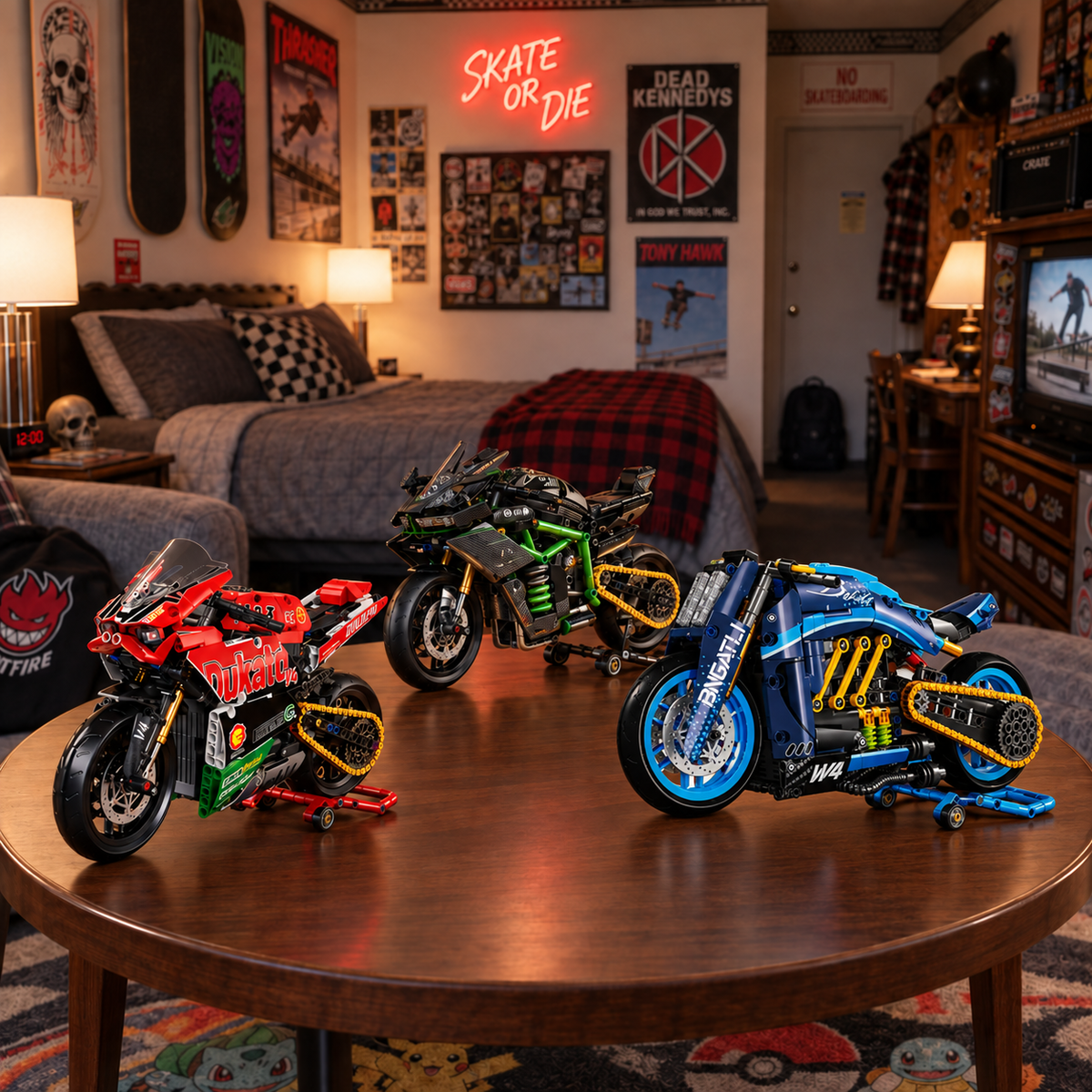 Superbike V4, Hyperbike Ninja H2R and Cruiser Diavel models in a gaming room