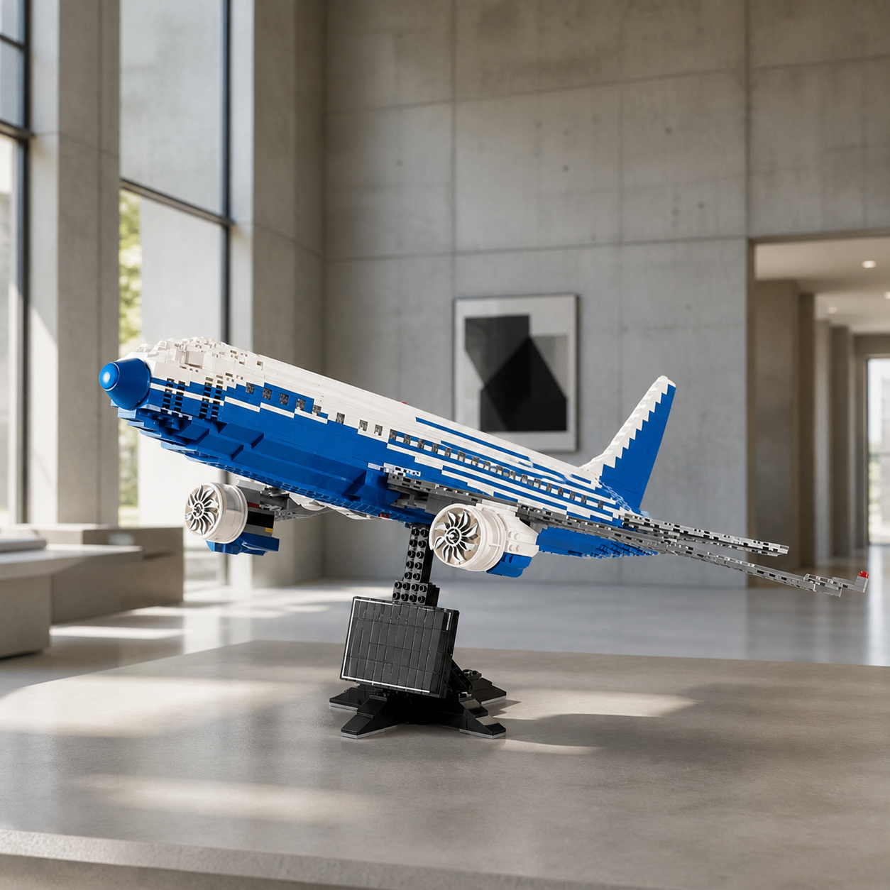 Boeing 787 Dreamliner-Bausteinmodell in einer zeitgenössischen Architekturgalerie