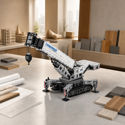 Modelo de guindaste sobre esteiras Liebherr LR 10000 LEGO Technic sobre uma mesa moderna