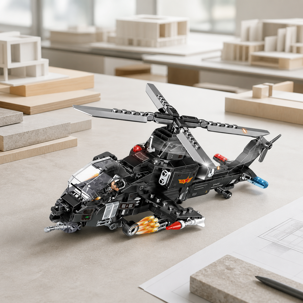 SWAT Helicopter (423 Pcs) - interior hero 03 - SWAT Helicopter brick model in a contemporary architecture studio
