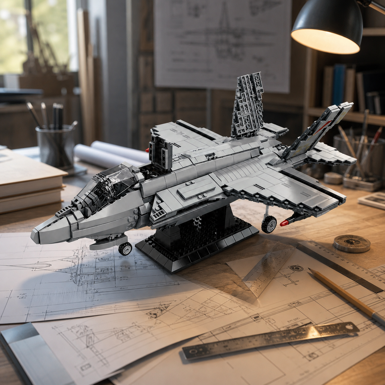 F-35 Fighter Jet construction-block model in an aviation engineer study