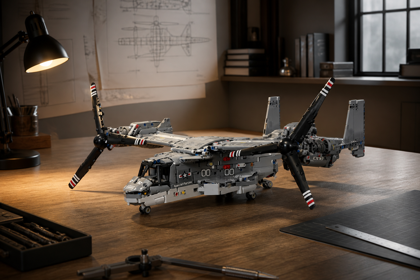V-22 construction-block model in an aviation engineer's study