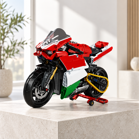 Superbike V4 brick-built motorcycle against a black background, studio view 2