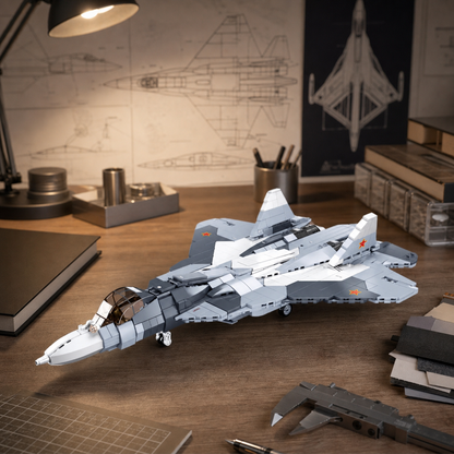 SU-57 construction-block model in an engineer's design study