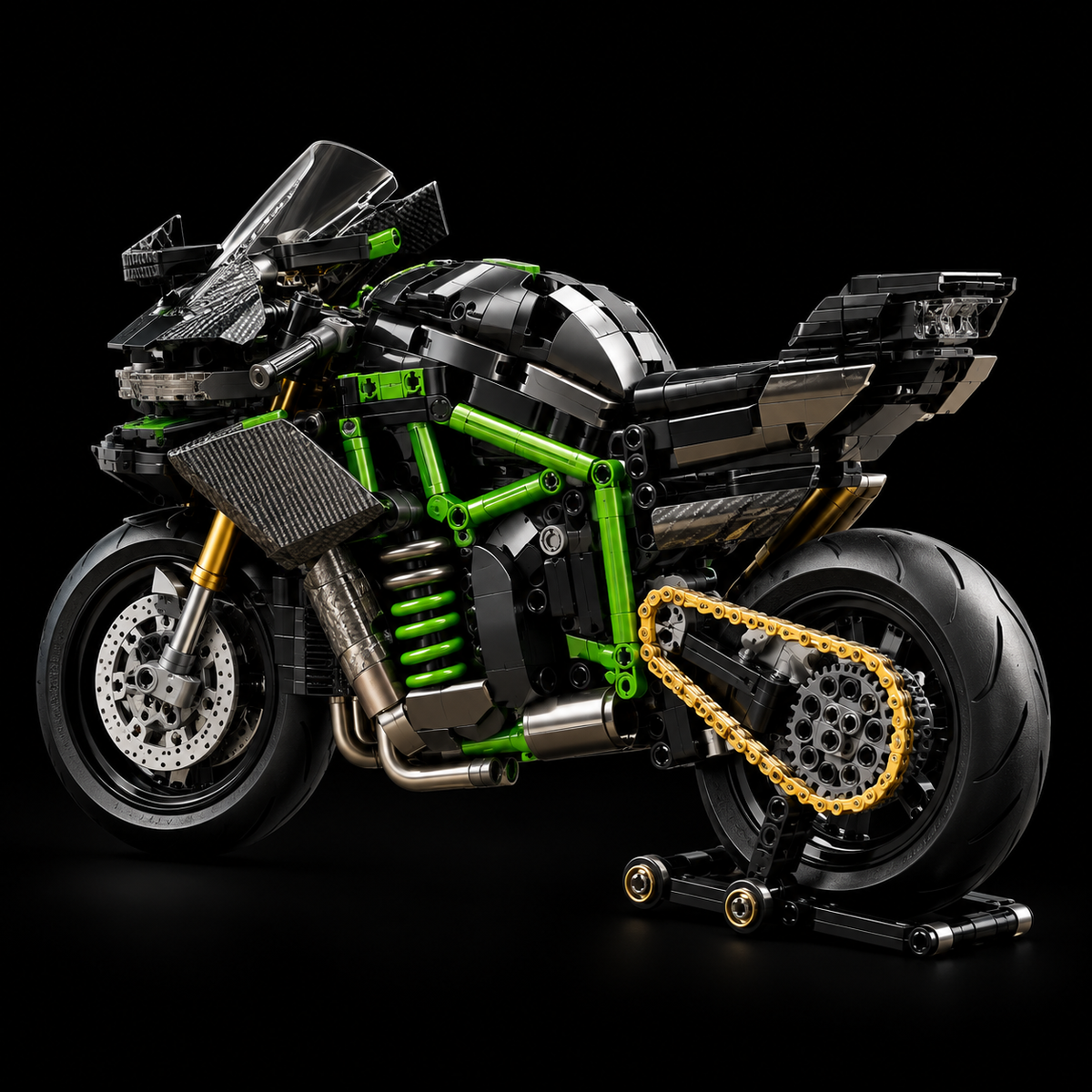 Hyperbike Ninja H2R brick-built motorcycle against a black background, studio view 2