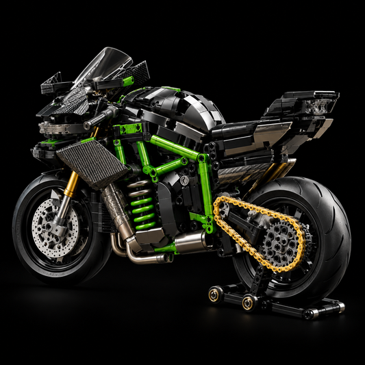 Hyperbike Ninja H2R brick-built motorcycle against a black background, studio view 2