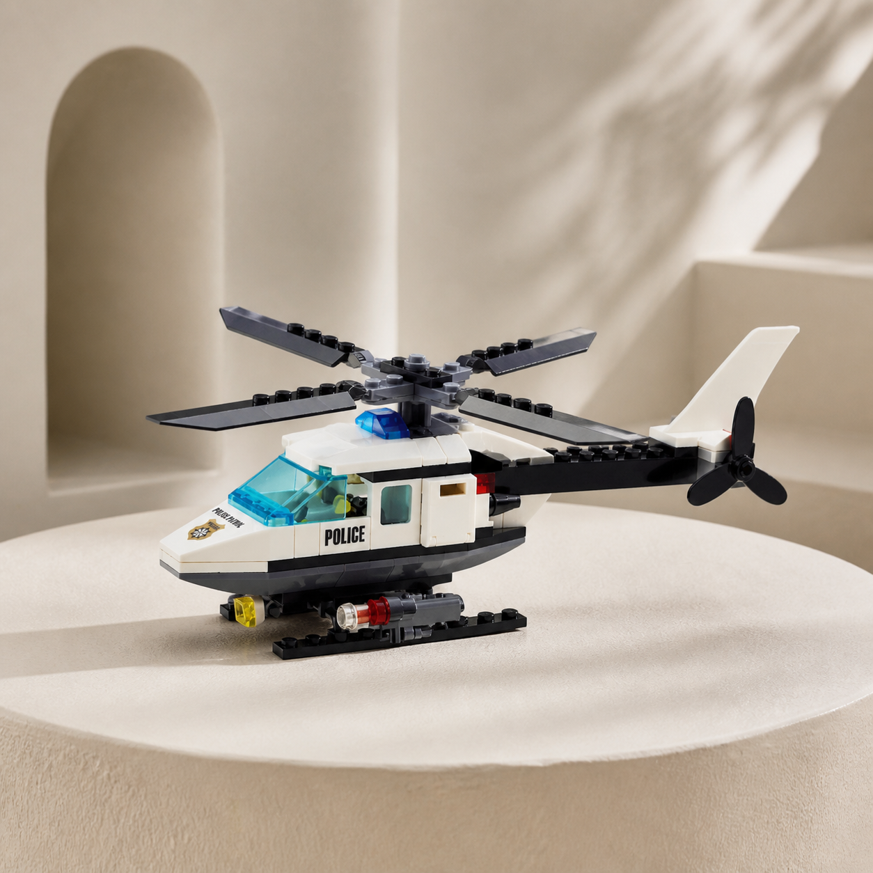 Police Helicopter (102 Pcs) - interior hero 03 - Police Helicopter brick model on a minimalist design pedestal