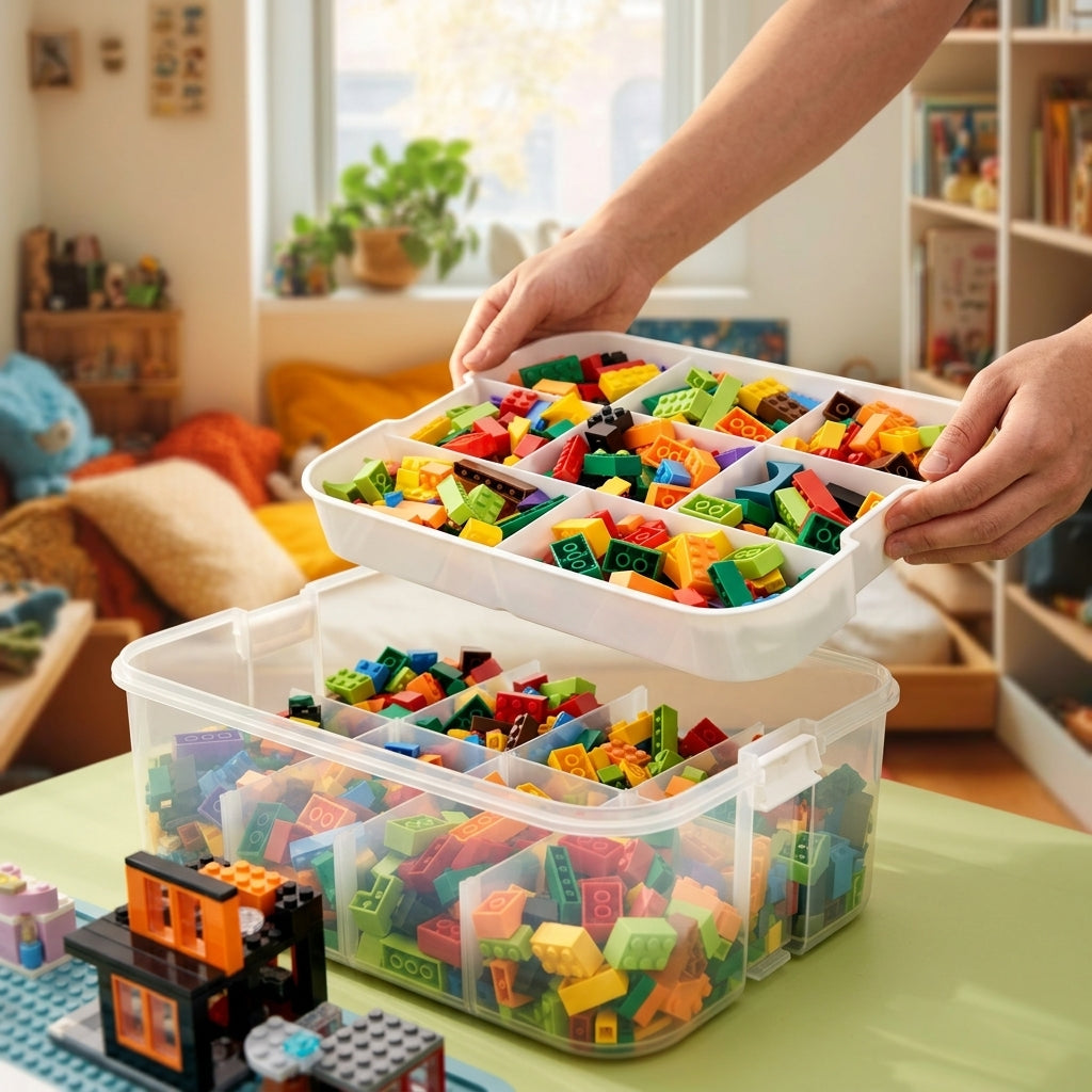 Removable compartment sorting tray lifted by hands with natural skin tones in bright room