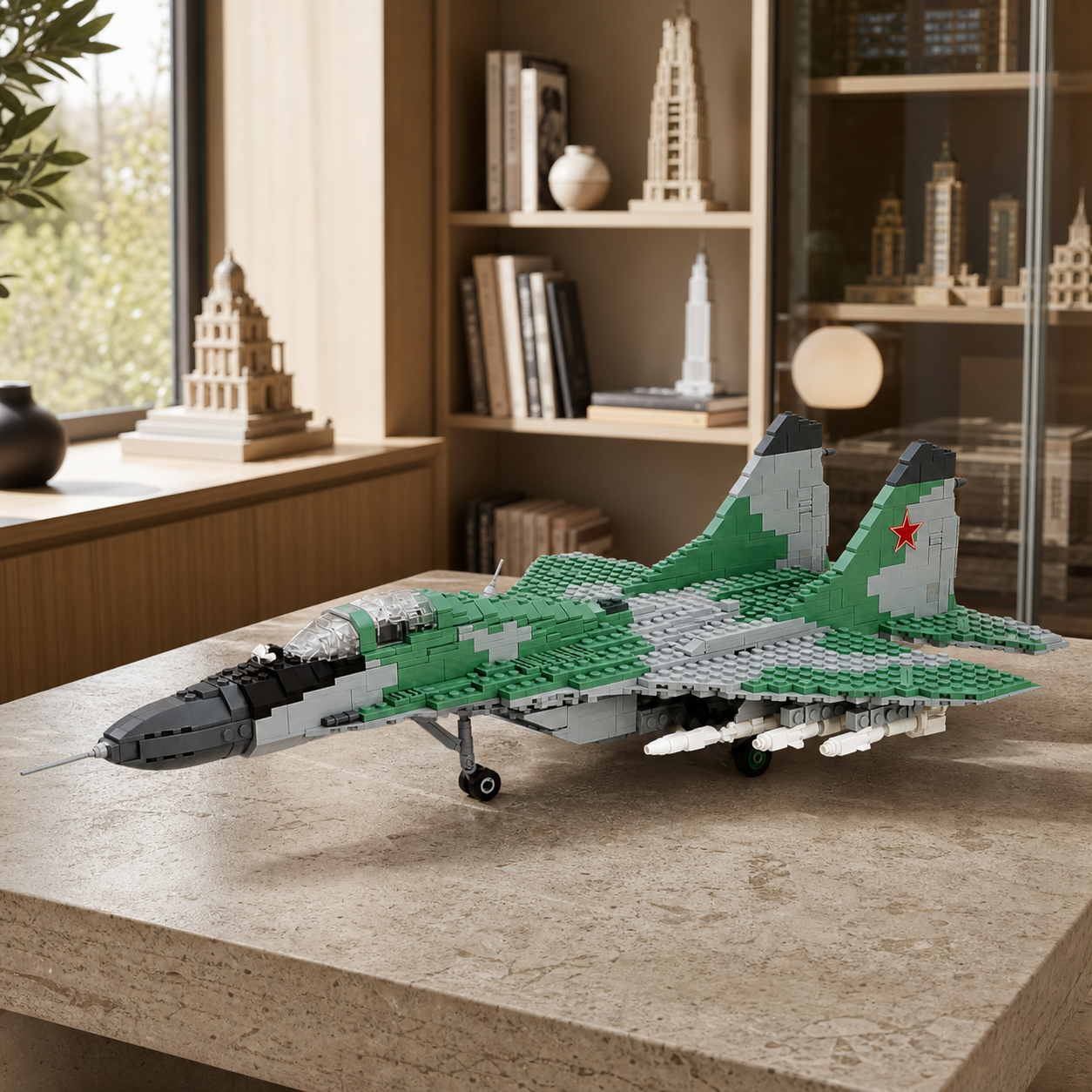 MIG-29-Bausteinmodell in einem hellen Sammlerraum