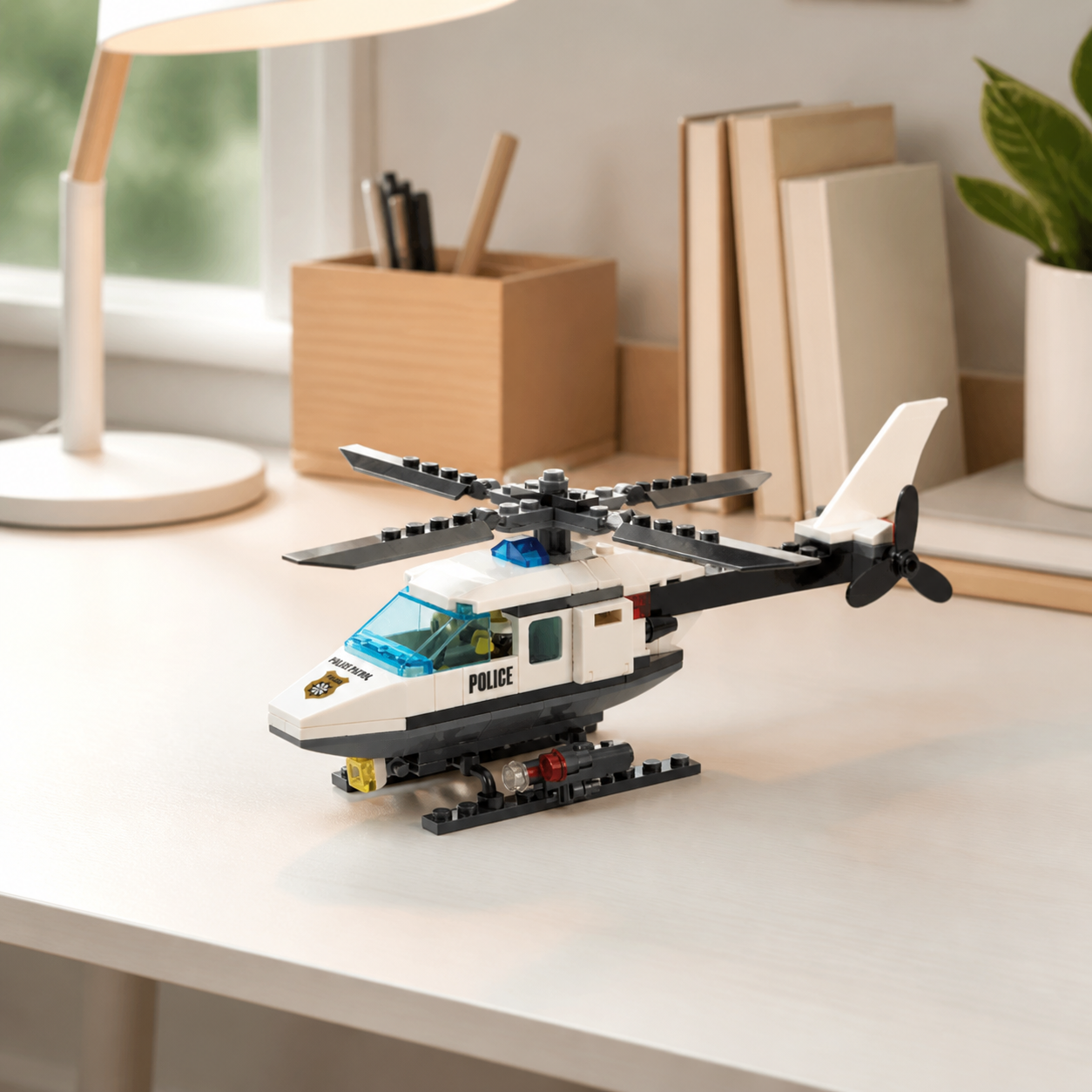 Police Helicopter (102 Pcs) - interior hero 04 - Police Helicopter brick model in a bright home work corner