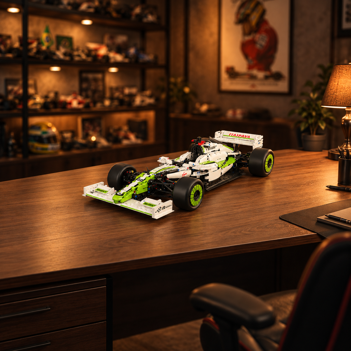 Green and white brick-built racing car displayed on a collector’s desk