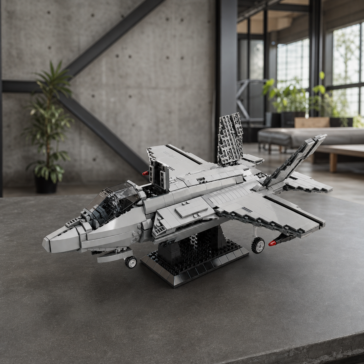 F-35 Fighter Jet construction-block model in a contemporary industrial interior