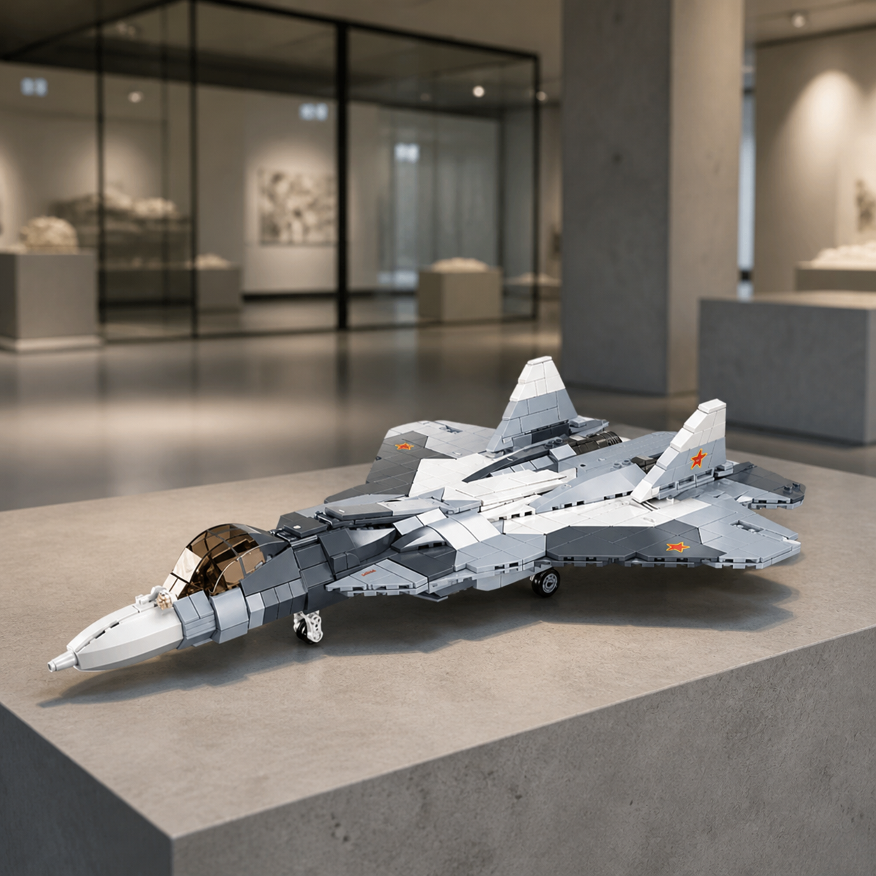 SU-57 construction-block model in an industrial-design gallery