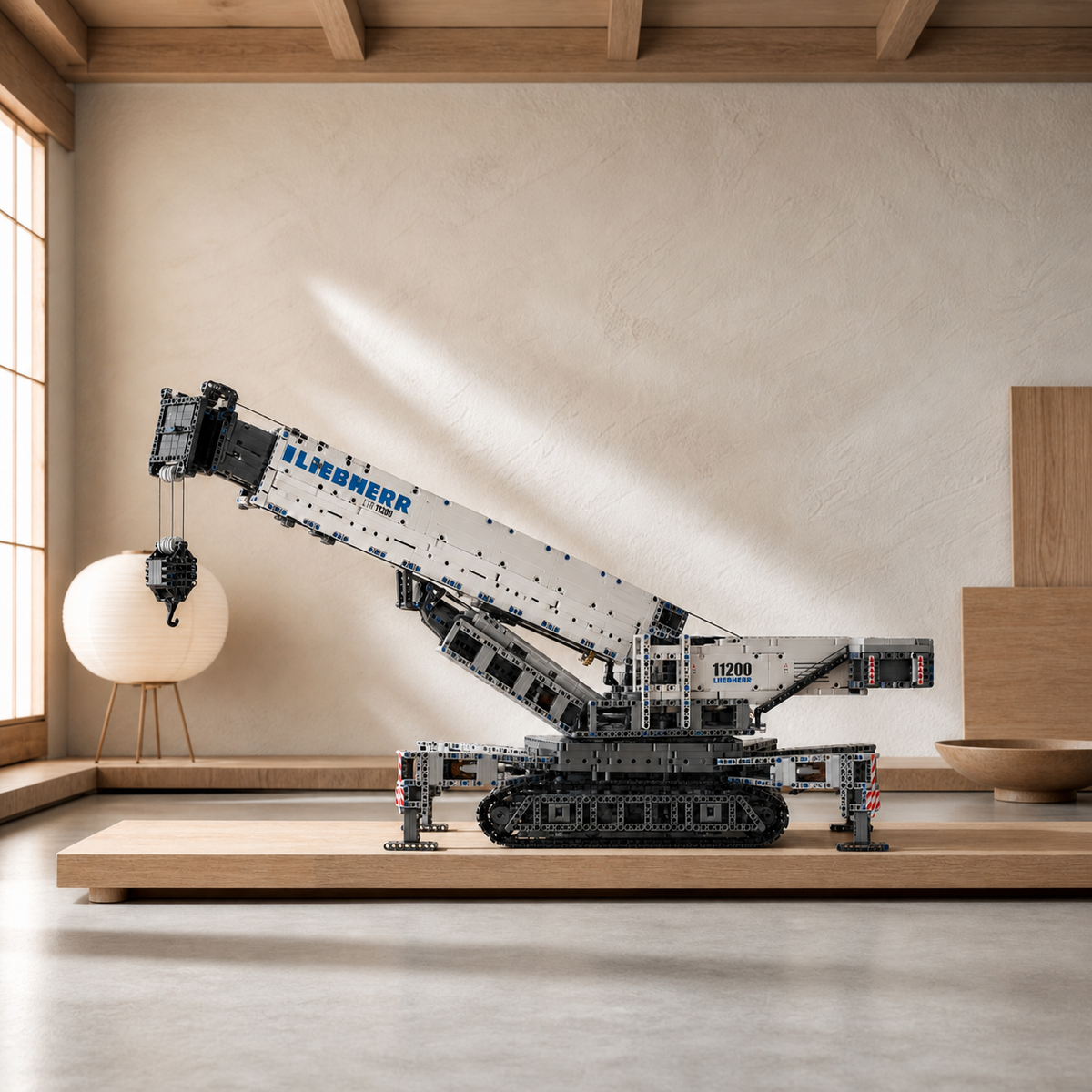Grande modelo de guindaste móvel Liebherr em pecinhas de montar exibido sobre uma plataforma de madeira.