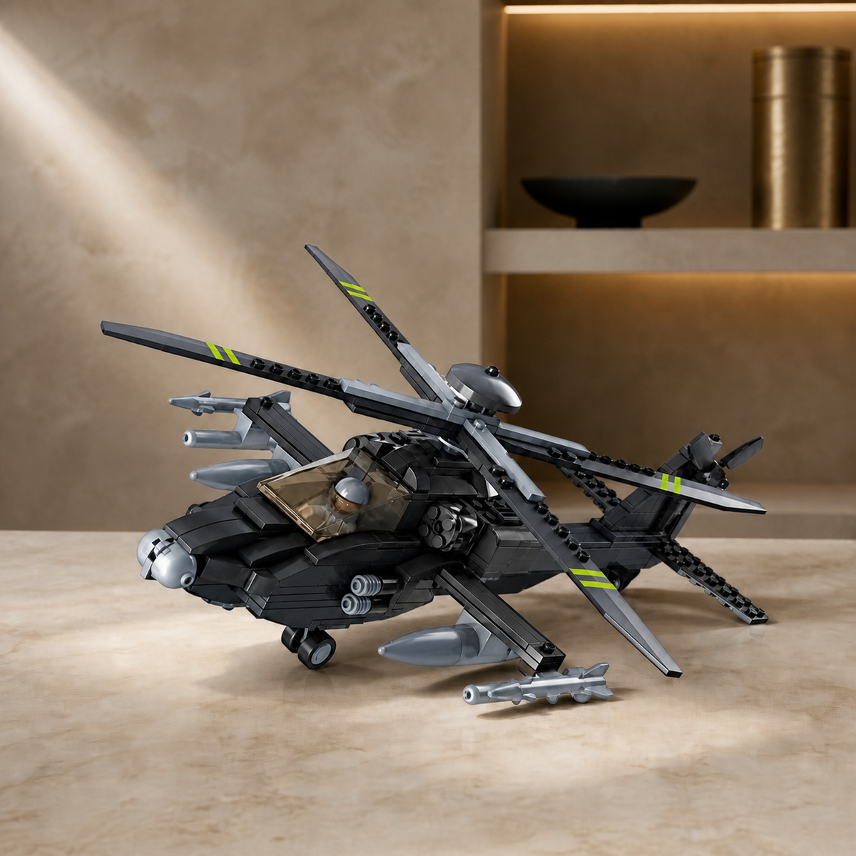 Elicopter Boeing AH-64 Apache (293 piese) - nou interior principal 04 - model de elicopter Boeing AH-64 Apache construit din pecișe de montat într-un studio cald cu microciment