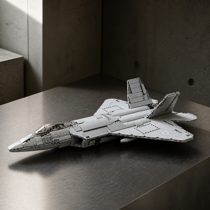Bausteinmodell eines F-22-Kampfjets in einem brutalistischen Fotostudio