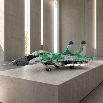 MIG-29-Bausteinmodell in einer minimalistischen Betongalerie