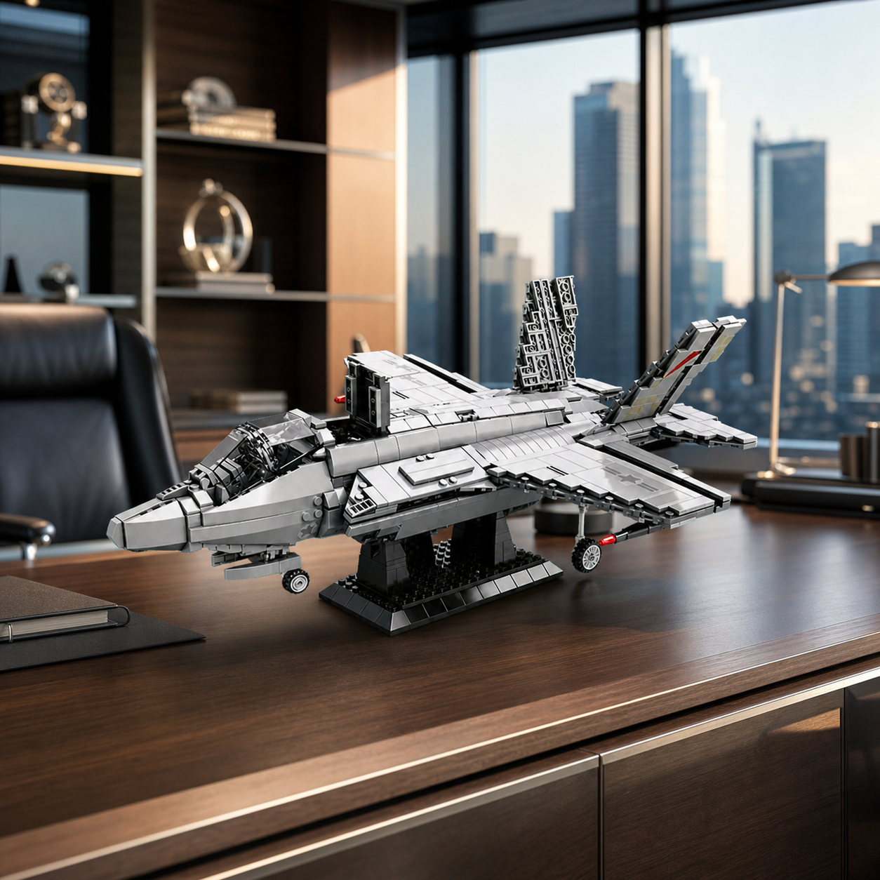 F-35 Fighter Jet construction-block model in a modern executive office