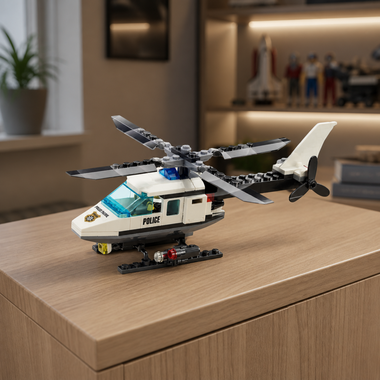 Police Helicopter (102 Pcs) - interior hero 05 - Police Helicopter brick model in a modern teenager's room