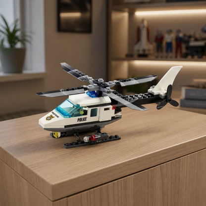 Police Helicopter (102 Pcs) - interior hero 05 - Police Helicopter brick model in a modern teenager's room