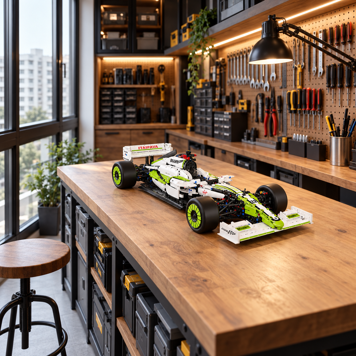 Green and white brick-built racing car displayed on a workshop bench